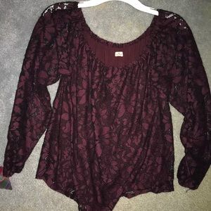 Off the shoulder wine lace blouse